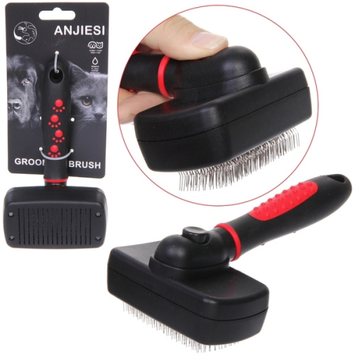 Расческа - пуходерка с кнопкой самоочистки "ПРОФФ - МОЙ БРО", прорезиненная ручка, цвет черный, 10*17,5см 