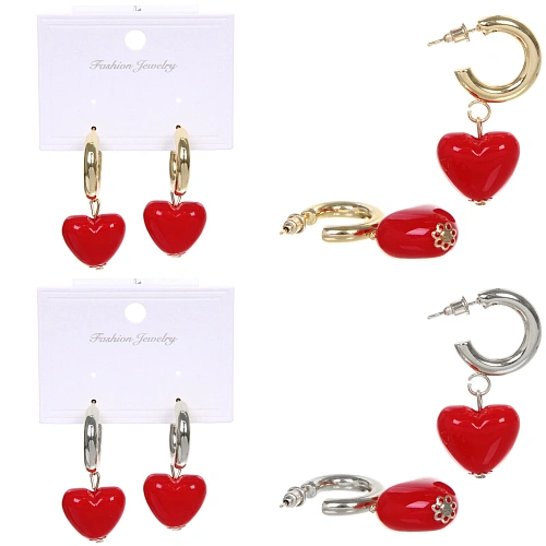 Серьги из гиппоалергенного сплава "АМОР", красное сердце, цвет серебро и золото, 2,5см