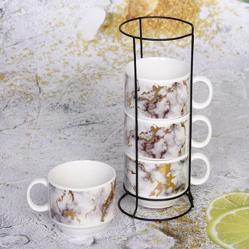 Набор кружек на стойке 200мл Мрамор золото_3