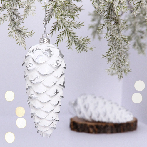 Ёлочные игрушки VERSAILLES "Снежные шишки" 14*6 см (набор 2 шт), Белый/серебро