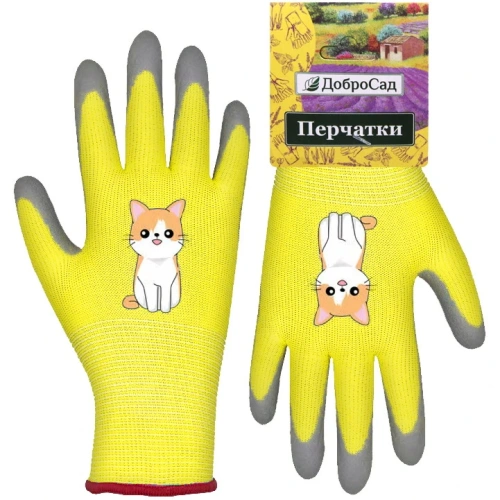 Перчатки нейлоновые "Little gardener-Котик" с полиуретановым покрытием полуоблитые, желтые M р-р ДоброСад