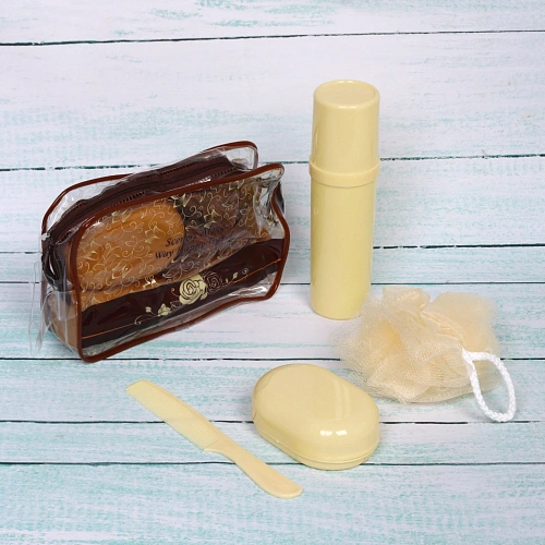 Набор банный дорожный 4шт Traveler - Rose, (мочалка, футляр 2шт, расческа), микс два цвета, 2113,56,5см,_3