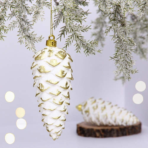 Ёлочные игрушки VERSAILLES "Снежные шишки" 14*6 см (набор 2 шт), Белый/золото