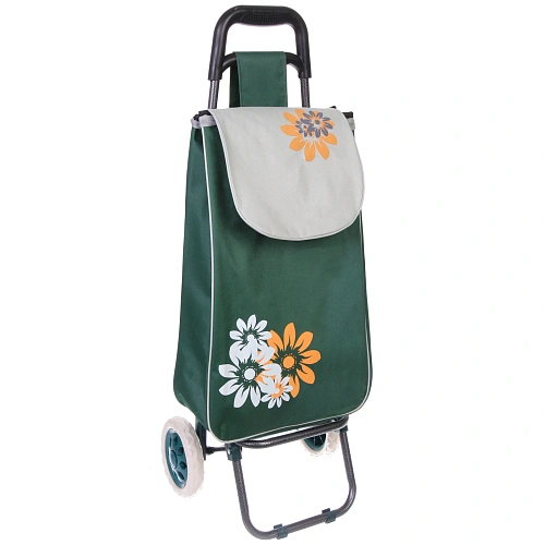 Тележка хозяйственная с сумкой (93*33*30см, колеса 16см, до 30 кг.) цветы зеленая