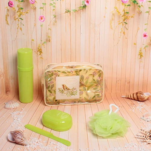 Набор банный дорожный 4шт Traveler - Птички, микс 2 цв, (мочалка, футляр 2шт, расческа), 21,5147см_10