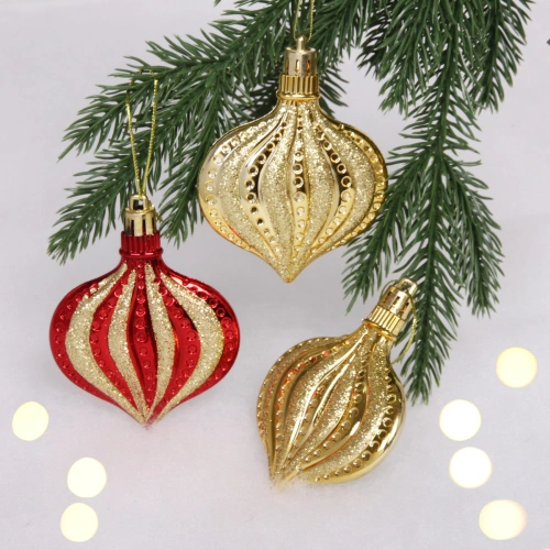 Ёлочные игрушки "Капельки" 8,5 см (набор 3 шт), красный, золото