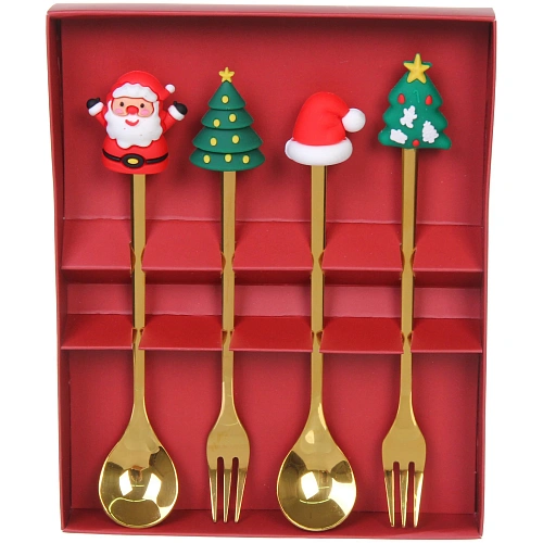 Набор для десерта Дед Мороз и Ёлка 4предмета (2ложки+2вилки) в подарочной коробке,золото_7