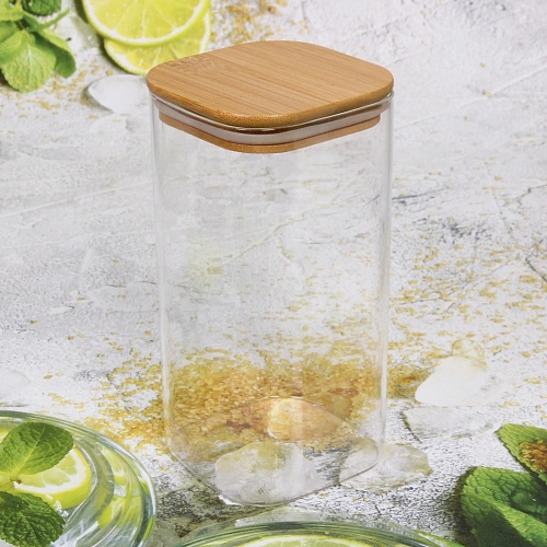 Банка для продуктов стеклянная 1200мл Хай-Тек с бамбуковой крышкой, квадратная 1020см_5
