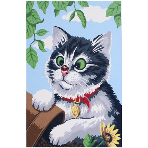 Алмазная мозаика на подрамнике с полным заполнением "МИР ЯРКИХ КРАСОК", пушистик Мяуч, 20*30 см