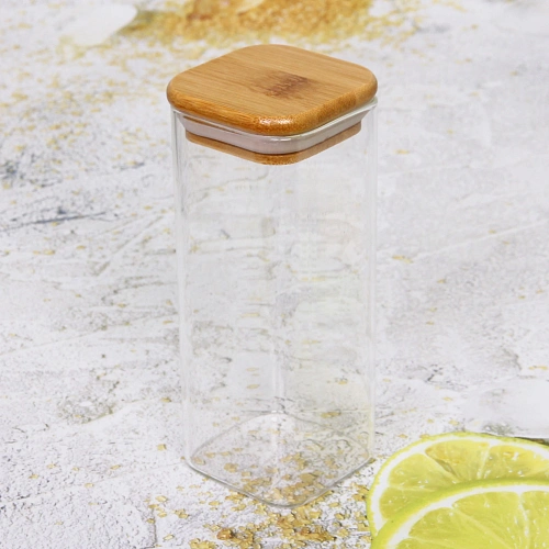 Банка для продуктов стеклянная 400мл Хай-Тек с бамбуковой крышкой, квадратная 615см_3