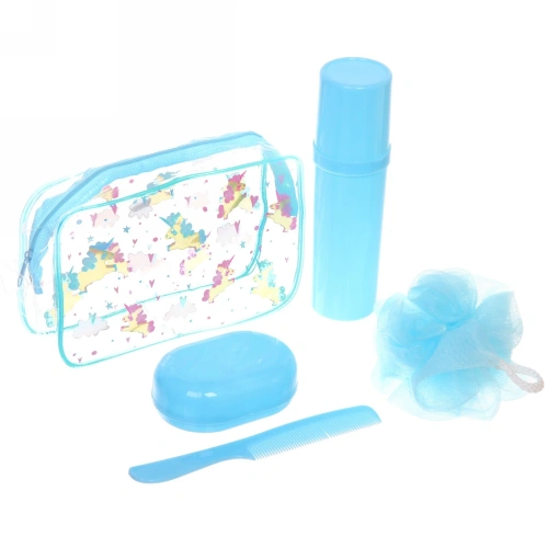 Набор банный дорожный 4шт "Traveler-Единорог", цв голубой, (мочалка, футляр 2шт, расческа), 20*12*6