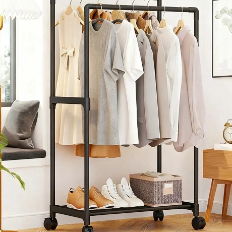 Вешалка гардеробная напольная на колёсах с блокировкой двойная "ПЕРФЕКТХАУС", цвет черный, нагрузка до 15 кг, 57.5*30*115см