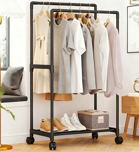 Вешалка гардеробная напольная на колёсах с блокировкой двойная "ПЕРФЕКТХАУС", цвет черный, нагрузка до 15 кг, 57.5*30*115см