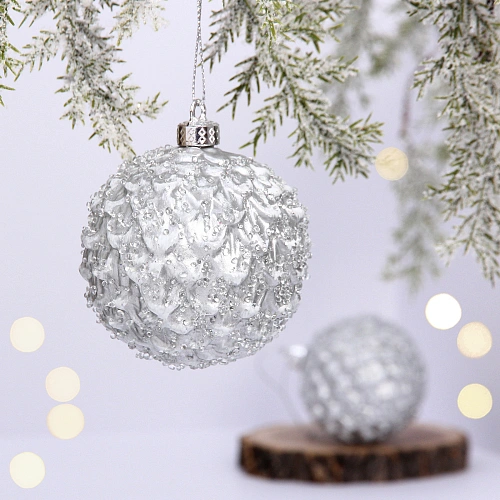 Ёлочные игрушки VERSAILLES "Еловый шар" 8 см (набор 2 шт), Серебро