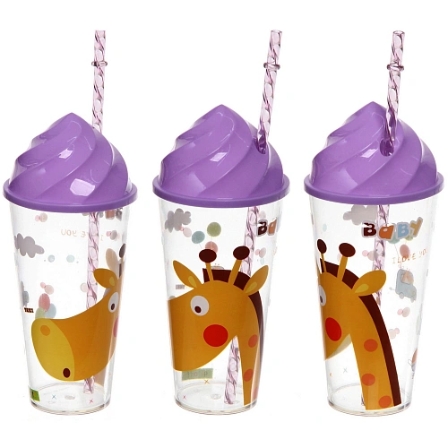 Стакан пластиковый 500мл "Джунгли" с трубочкой